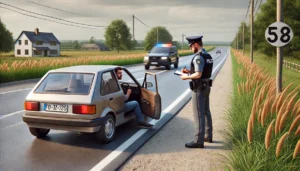 DALL·E 2024-11-12 04.18.17 - A realistic scene of a person driving a car without a driver's license, stopped by a police officer on the side of a road. The driver, appearing nervo