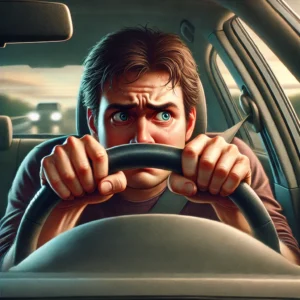 DALL·E 2024-11-12 04.37.44 - A person driving a car, visibly anxious with tense expression, gripping the steering wheel tightly. The person's face shows worry and stress, with wid