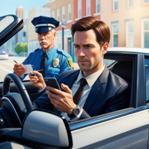 Faça a imagem de um homem, dirigindo seu veículo, e digitando no celular, e sendo autuado, pois não deveria fazer isto