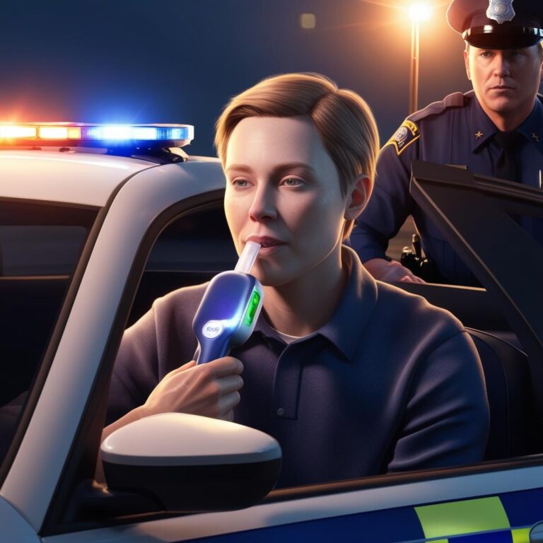 Faça a imagem de uma pessoa, parada em uma blitz policial, realizando o teste do bafômetro
