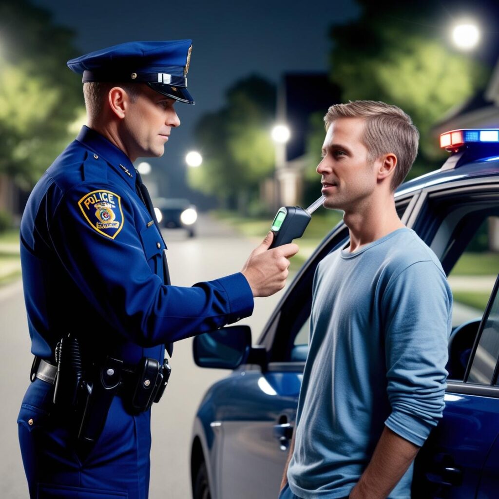 Faça imagem de um policial, parando um motorista. O motorista está vestido de forma simples. E o policial solicita para o motorista realizar o teste do bafômetro